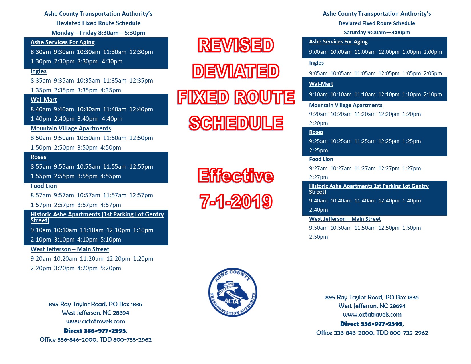 Deviated Fixed Route Schedule – Ashe County Transportation Authority